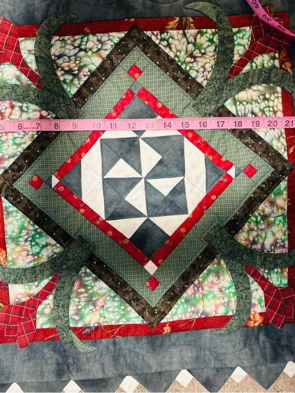 Spinning Crocus Handmade Green and Red Quilted Decorative Wall Hanging 25” SQ.